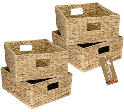 HMF Aufbewahrungskorb passend für KALLAX halbes Fach, Korb geflochten aus Wasserhyazinthe mit Griffen | 4er Set | 30 x 34 x 15 cm | Natur