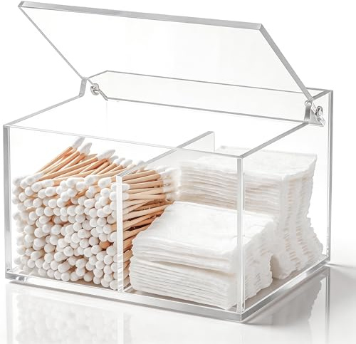 WORHE Cotton Swab Ball Holder mit Deckel 2-Gitter-Acryl-Klarsichtbehälter | Rechteckiger Qtip-Halter für Wattebauschen, Make-up-Pads, Kosmetika, Aufbewahrung im Badezimmer, Zahnseide-Sticks(DP004)