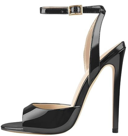 blingqueen Damen Peeptoe Sandaletten Lack Sandalen High Heels Schnalle Slingback Pfennigabsatz Schwarz 38 EU