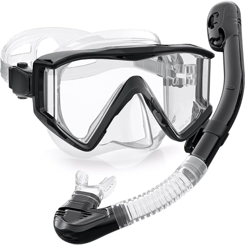 Zeligerstar schnorchelset Erwachsene, Verbesserte tauchmaske und Schnorchel, Dry-Top-Schnorchelmasken-Set, Professional Adult Snorkeling Gear for Swimming Diving Scuba ((Transparent) Schwarz)