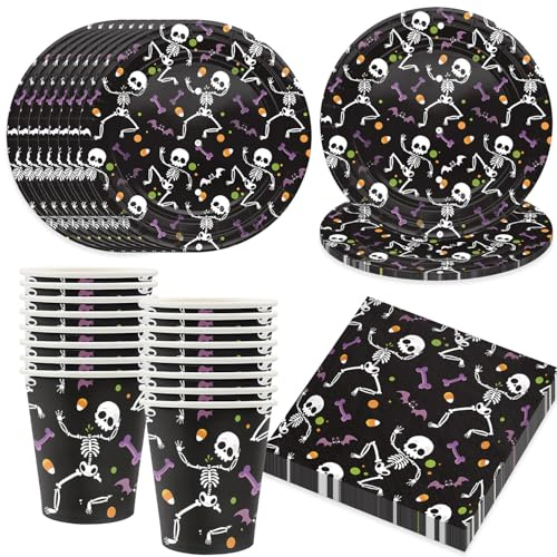 Bikasun Halloween Partygeschirr Set, 16 Gäste Party Geschirr Teller Skelett | Teller Becher Servietten Pappteller Skelett Schwarz Totenkopf Party Deko für Kinder