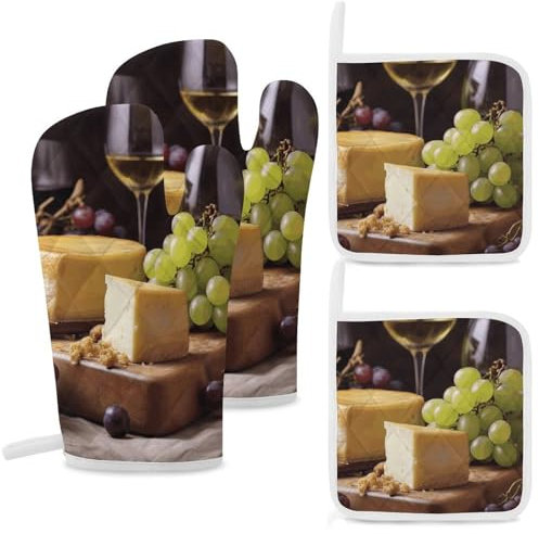 Ofenhandschuhe und Topflappen-Set, 4-teilig, hochhitzebeständig, Küchenhandschuhe und heiße Pads, Weißwein, Käse, Kuchen, Trauben, Ofenhandschuhe, rutschfest, wasserdicht, Topflappen zum Backen,