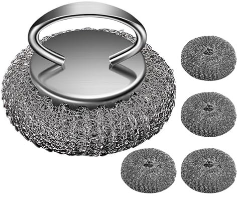 Edelstahl Schrubber, Metall Scheuerbürste, Spülbeckenreiniger Scrubber, Küche Schrubben Bürste, Töpfe Pfannen Reiniger, mit 4 Bürstenköpfen Ergonomischer Griff für Reinigung Küche Töpfe Pfannen Grills