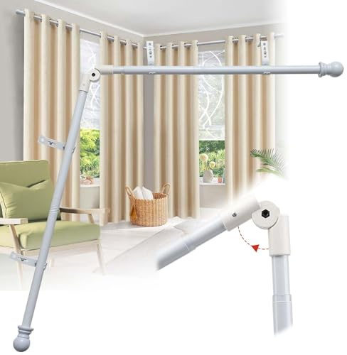 Harrms gardinstång för burspråk, L-formad böjd vit stång med 1 armbåge 76–345 cm, 25 mm tjocka kraftiga hörnstänger för vardagsrum och sovrum