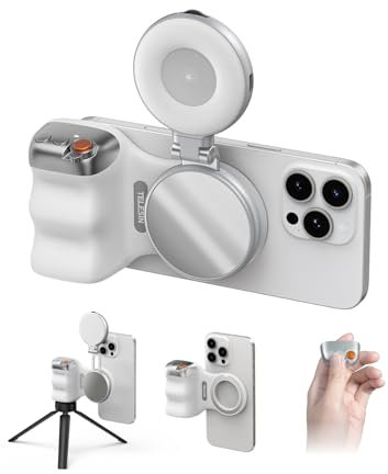 TELESIN Fun Shot Impugnatura Smartphone + TELESIN C03 Magnetica Luce per Selfie (Argento) Set, Compatibile con iPhone & Android, per Selfie/Fotografia/TikTok/Chiamate Zoom/Video