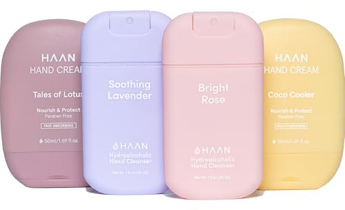 HAAN Spray idratante per mani e Crema per mani con aloe vera (confezione da 4) – 1 unità per fragranza: Soothing Lavender, Bright Rose, Tales of Lotus e Coco Cooler