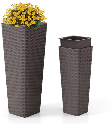 COSTWAY Vasi Alti in Rattan con Vassoi Rimovibili da Interno ed Esterno | Grandi Fioriere Decorative con Fori di Drenaggio per Giardino, Cortile e Balcone (Marrone)