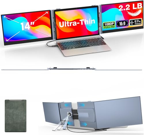 Kwumsy Monitor Portátil 14 Pulgadas, FHD 1080P IPS Monitor Portátil Para Portátil, Triple Pantalla Para Laptop 13-17”, Ultrafino y Ligero (1 kg), Plug & Play USB-C/USB-A/HDMI, Compatible Con Wins/Mac