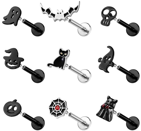ZS 9 Stück 16G Edelstahl Labret Lippenpiercing, Halloween Totenkopf Monroe Medusa Piercingschmuck Conch Tragus Ohrringe flacher Rückseite für Damen Herren (Schwarz,6mm)