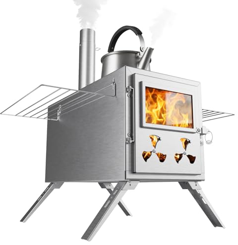 MOPHOTO Hot Tent Stove, Camping Wood Stove with 8 Stainless Steel Chimney Pipes,for Tent, Outdoor Heating, Cooking, Ice Fishing, Hunting (46 x 25 x 27 cm)