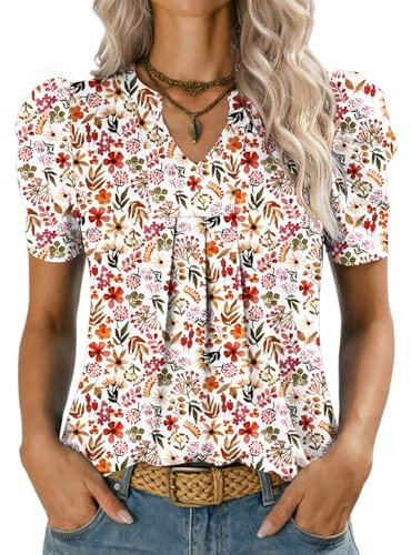 Kistore Lady Tops Short Sleeve Womens Clothes Summer Going Out Blouses Fashion Dressy Oversized Tunic White Red Floral XL