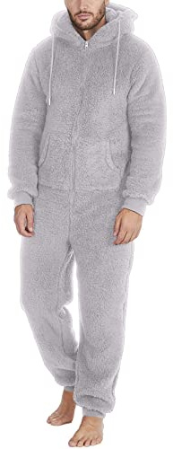 Generico Jumpsuit Teddy Fleece Uomo Onesie Tuta Inverno Pigiama Flanell Sleepwear Peluche Biancheria da Notte con Cappuccio e Chiusura Lampo in Pile, Tuta Intera Intera Calda Morbido