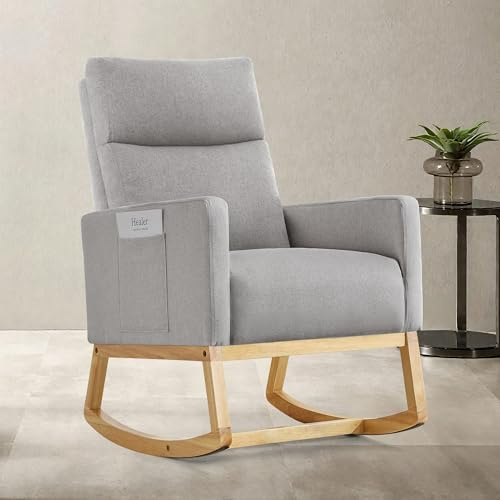 Aunekiv Mecedora para Lactancia, Silla Mecedora Relax Tapizada,Respaldo Alto,de Lino,para Adultos,con Bolsillos Laterales y Base de Madera para Sala de Estar, Dormitorio Color Gris Claro