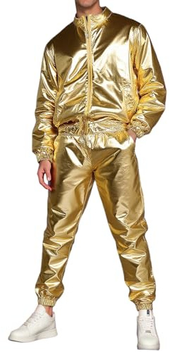 Generisch Metallic Jogginganzug Herren Skinny Glänzend Jacke Jogginghose 80Er Outfit Disco Kostüm Glitzeranzug Trainingsanzug Hip Hop Festival Party Clubwear Karneval