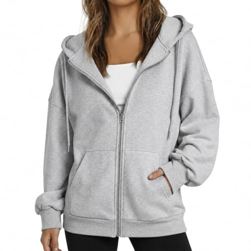 Damen Sweatjacke mit Kapuze, Fleece Gefüttert Zip Hoodie Oversize -Grau-M