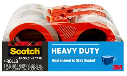 Scotch Heavy Duty Shipping Packing Tape, Clear, Shipping and Packaging Supplies, 1.88 in. x 54.6 yd., 4 Tape Rolls with 4 Dispensers