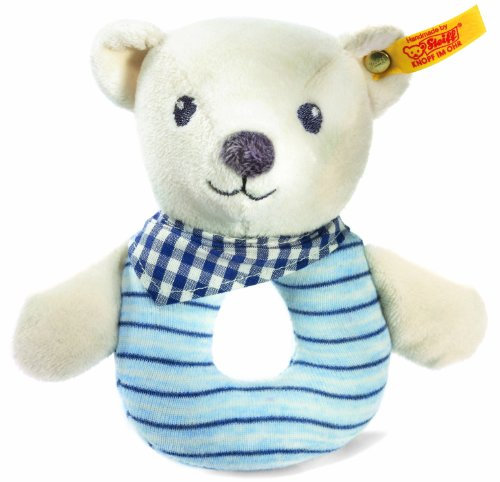Steiff 238956 - Knuffi Bärchen Greifring mit Rassel, 12 cm, weiß/blau