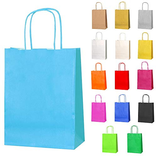 Thepaperbagstore 10 Hellblaue Kleine Papiertüten mit Henkel 18 x 22 x 8 cm | Farbige, recycelbare Kraftpapiertüten für Süßigkeiten, Geschenke, Hochzeiten, Partys & Events.