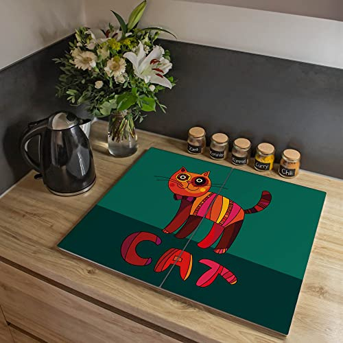 banjado Herdabdeckplatte Glas 2-teilig 60x52cm - Schneidebrett Herdabdeckung - Herdabdeckplatten Ceranfeld 2-teilig - Schneidebrett Glas - Motiv Orange Katze