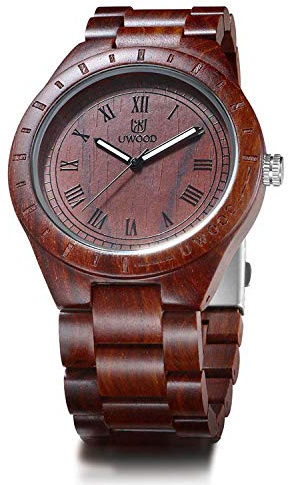 LeeEv Reloj de Madera único de Peso Ligero para Hombre, Serie Uwood Hecho a Mano de sándalo analógico de Cuarzo Vintage número Romano Reloj de Pulsera de Madera Natural