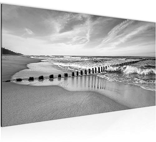 Runa Art Wandbild Strand Meer 1 Teilig 100 x 40 cm Modern Bild auf Vlies Leinwand Panorma Schlafzimmer Wohnzimmer Schwarz Weiss 025212c