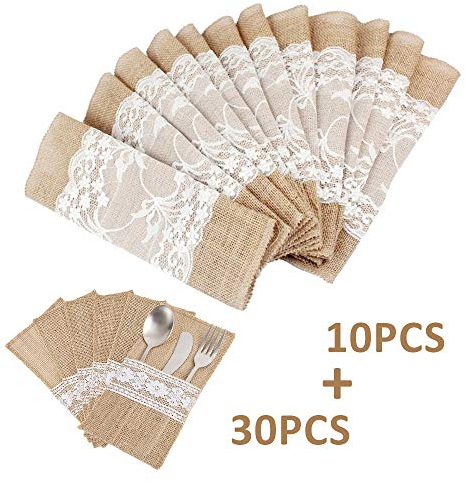 Jute Tischläufer mit Bestecktasche Sackleinen Vintage Tischband Tischdeko für rustikale Hochzeit Weihnachten Bevorzugte Dekorationen (10 Tischläufer + 30 Bestecktasche)