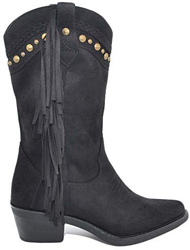 Stivali Donna camperos Texani Neri con Frange e Borchie in camoscio Stile Western a Punta Altezza Polpaccio con Zip (38 EU)