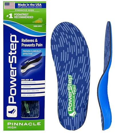 PowerStep Pinnacle High Arch Orthotic Insoles, Plantar Fasciitis Relief, Supination Heel Pain, Arch Support, PowerStep Insoles for Women and Men, Made in USA (Men's 14-15)