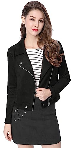 Allegra K Women Short Soft Zip Up Faux Suede Biker Moto Jacket X-Large Black