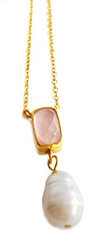 Thecraftshop vienna Halskette Collier Rosenquartz + Barockperle Messing vergoldet Geschenkbox