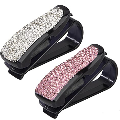Heveer Auto Brillenhalter Sonnenbrillenhalter mit Bling Strasssteinen Ticket Karte Clip Halter für Auto Sonnenblende Brille 2 Stück