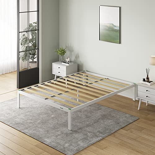 Novilla Marco de Cama de Metal con Soporte de Listones de Madera para Dormitorio, Blanco