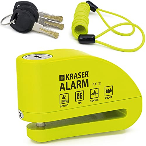 KRASER KR6Y Blocca Disco per Moto con Allarme 110dB, Rinforzato, 3 (altre 2) Chiavi Sicurezza, Impermeabile, Accessori Cavo Reminder 1.5m Borsa, Lucchetto Moto Bloccadisco Sonoro Scooter Bici
