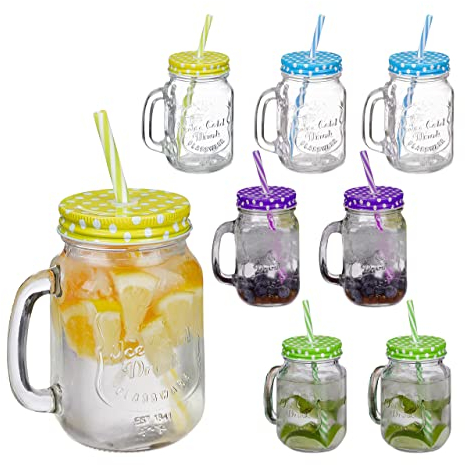 Relaxdays Trinkgläser mit Deckel und Strohhalm, 8er Set Limonadengläser, 400 ml, Retro Sommergläser mit Henkel, bunt, 19 x 11 x 8 cm