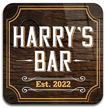 Personalised Vintage Bar Coaster Mat with Aged Wood Background. Set of 4. Cork Backing. Pub Man-Cave Gift