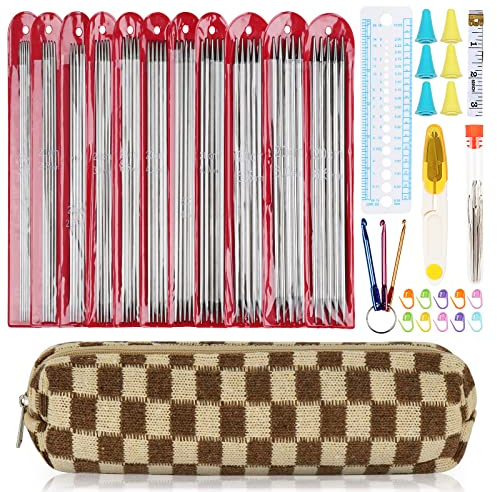 Aeelike Stricknadeln Set Mit Zubehör Und Tasche, 2mm - 6,5mm Edelstahl Doppelspitz 20 cm, 55 Stück Für Socken, Metall Nadelspiel Für Anfänger, Gerade Set