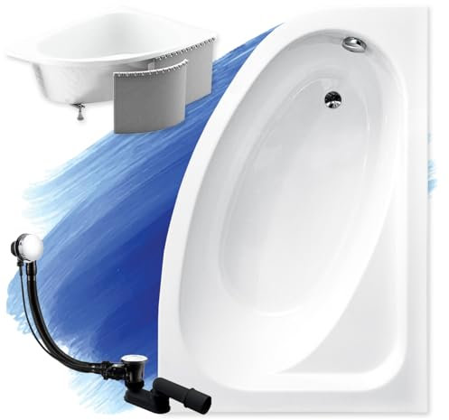 BADLAND Badewanne Original Weiß Acryl Wanne Eckbadewanne CORNEA 140x80 Rechts KOMPLETTSET SET mit Premium Styroporverkleidung + Füßen und Exklusive Chrom Automatik Ablaufgarnitur Made in EU 4in1
