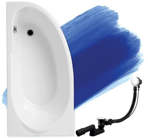 BADLAND Badewanne Original Weiß Acryl Wanne Eckbadewanne MIKI 140x70 Links KOMPLETTSET SET + Füßen und Exklusive Chrom Automatik Ablaufgarnitur Made in EU 3in1