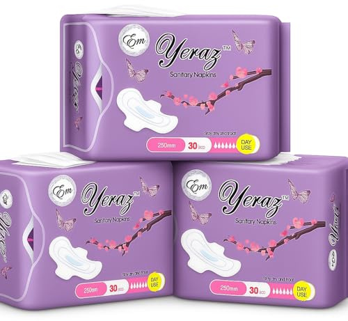 Em Yeraz Sanitary Napkin for Women - Ultra Thin Pads with Wings - Size 5 & 90 Count (3 Packs of 30) - Fast Absorbent - Fragrance Free Feminine Pads - Comfort for Regular to Heavy Flow