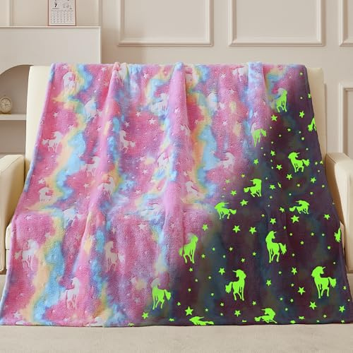 QSTEHEML Glow in The Dark Unicorn Blanket ，Birthday Gift for Girls Age 3-12 Years Old, Unicorns Toys Girls Presents for Grandkids, Soft Unicorns Throw Blanket for Daughter 50×60