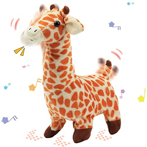 Hopearl Laufende Giraffe Interaktiv Elektronisches Haustier Plüsch Giraffe Spielzeug mit Geräuschen und Bewegungen Animiert Schwanz Schüttelnd Geschenke für Kleinkinder Geburtstag, Braun, 23 cm