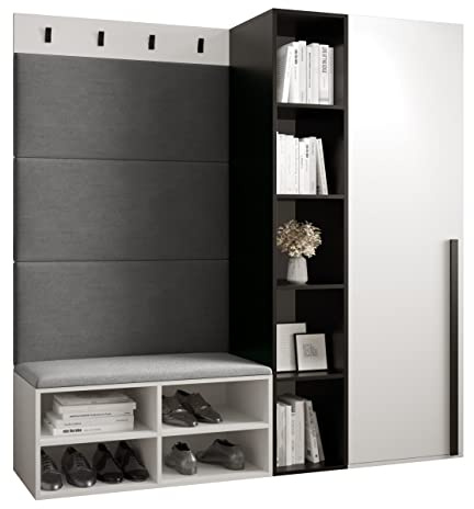 MEBLE KRYSPOL Garderobe MIRO Set 1 mit gepolsterten Paneelen Modern Design (Manila 16 (Grau), Weiß Matt + Schwarz Matt)