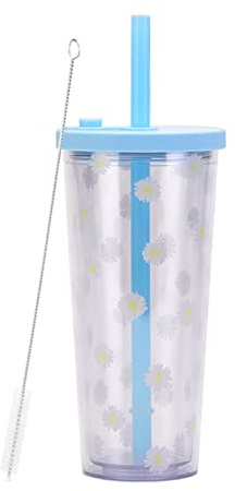 Duffy Reusable Boba Cup Smoothie Cup with Resealable Lid Plug - 20 oz Double Wall Insulated Boba Tea Cup Boba Tumbler Milk Tea Cup with Wide Reusable Straw (Light Blue)