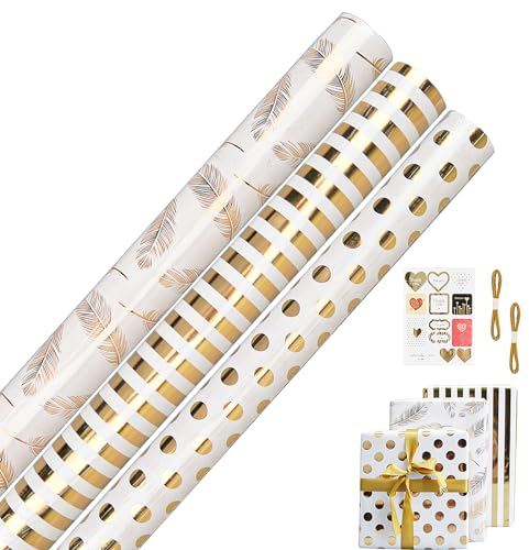 3 Rolle Gold Geschenkpapier, Geburtstag Papier Geschenkpapierrolle mit Aufkleber Farbband, 43cmx3m Kraftpapier Regenbogenfarben Geschenkverpackung Papier für Hochzeit Weihnachten (Gold)