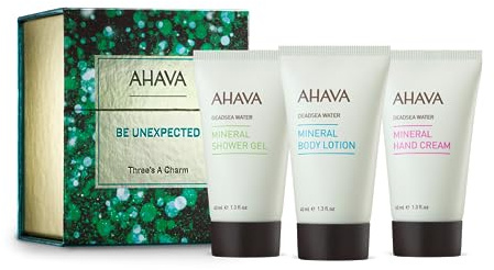 AHAVA Kit Festivi | Three's A Charm - Idrata e Nutre la Pelle, Set per la Cura della Pelle con Lozione Corpo Minerale (40ml), Crema Mani Minerale (40ml) e Gel Doccia Minerale (40ml)