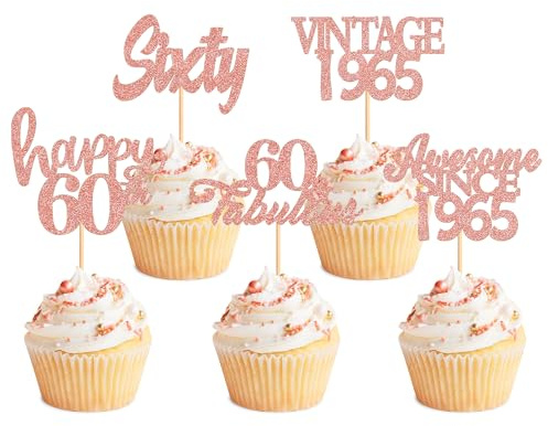 30 Pcs Rose Gold 60th Happy Birthday Cake Topper Glitter Happy 60 Cupcake Topper Cheers to 60 Fabulous 1965 Cake Decoration for 60th Birthday Party Decoration Supplies 60th Anniversary Cake Topper