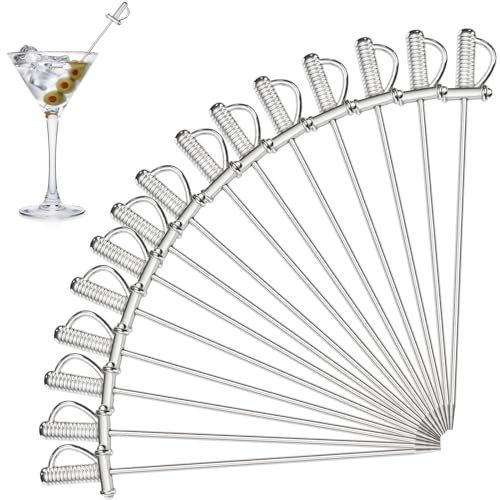 DEAYOU Cocktail-Zahnstocher aus 18/10 Edelstahl, 11,2 cm, Martini-Getränkespieße, wiederverwendbare Cocktailspieße, Obstgarnier-Pick-Rührer für Oliven, Vorspeisen, Dekoration, Silber, Schwerter, 15