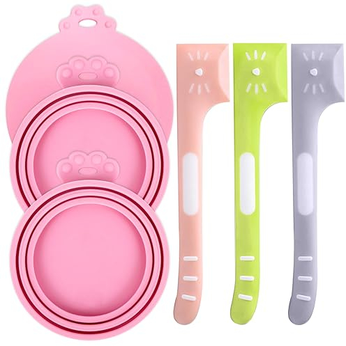 3pcs Pink Can Covers Lids for Pet Food Cans + 3pcs Mixing Spoons, Silicone Tin Can Lids for Cat Dog Food Storage 1 Fit 3 Sizes and Pet Can Opener Spoons Dishwasher Safe (6)