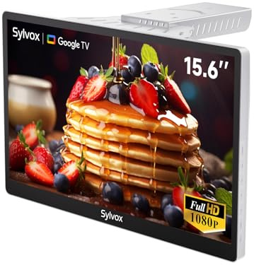 SYLVOX 15.6 Kitchen TV, 1080P FHD Under Cabinet TV with App Store, Voice Assistant, Chromecast, 12-Volt for Small Spaces, Kitchen, Bedroom, RV - Fits Tight Cabinets