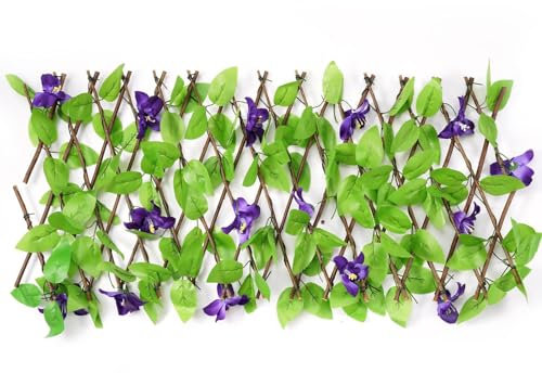 Paneles de valla de enrejado de jardín, valla de jardín expandible, enrejado de valla de privacidad artificial con hojas sintéticas y flor violeta, paneles de valla de hiedra artificial para